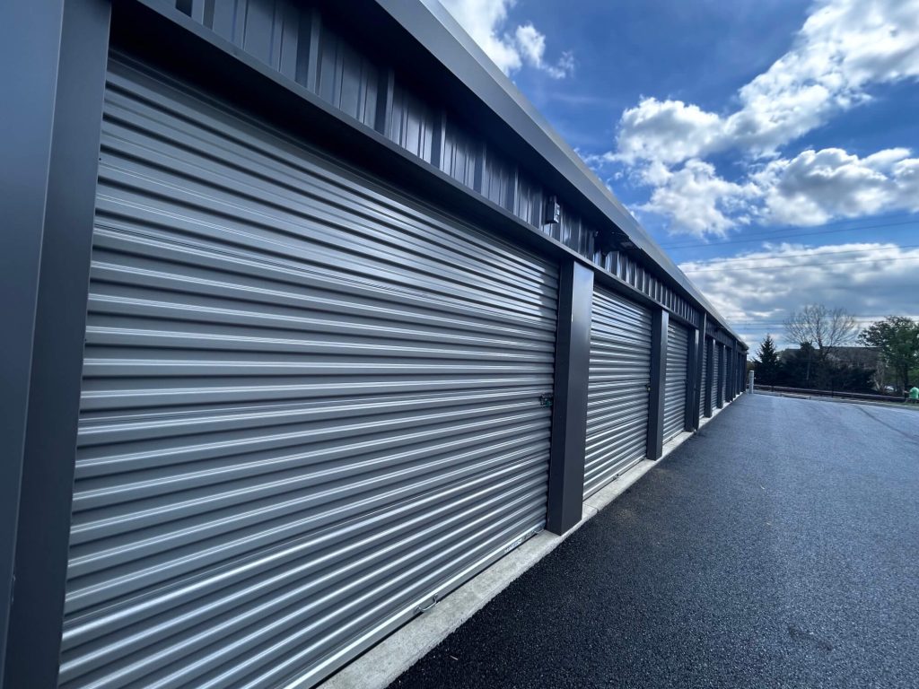 Row of outdoor drive-up storage units
